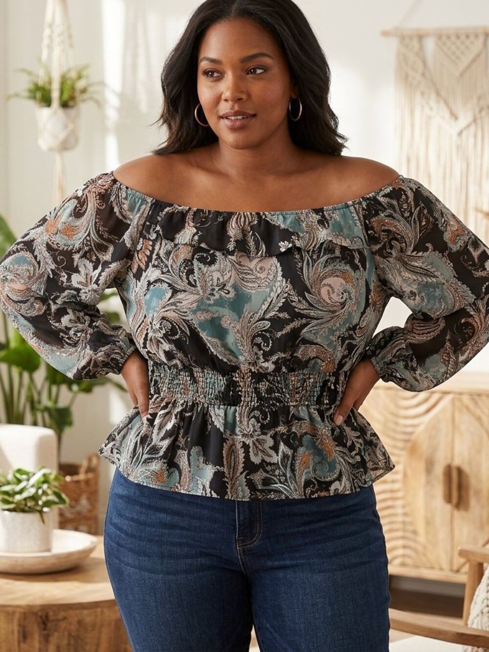 Maurices Paisley Off The‎ Shoulder Peplum Top Womens Size XXL Long Sleeve Boho
